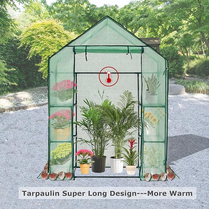 Walk-in Greenhouse for Outdoors w/ Mesh Side Windows, 3 Tiers 6 Shelves PE Cover Green House Portable Warm House for Seedling Flowers Growing 20 Pcs T-Type Plant Tags Include (GHW001G) Purlyugreenhouse