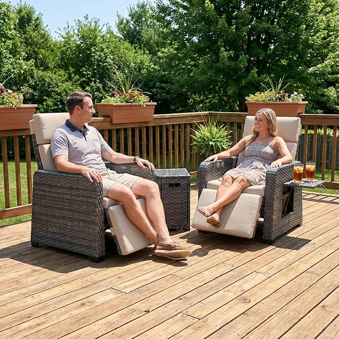 Restland Outdoor Recliner with Independent Adjustable Back & Footrest Wicker Patio Reclining Chair with Flip Table Comfortable Lounge Chair & Thick Cushion for Deck, Porch (3 Piece, Beige) Restland