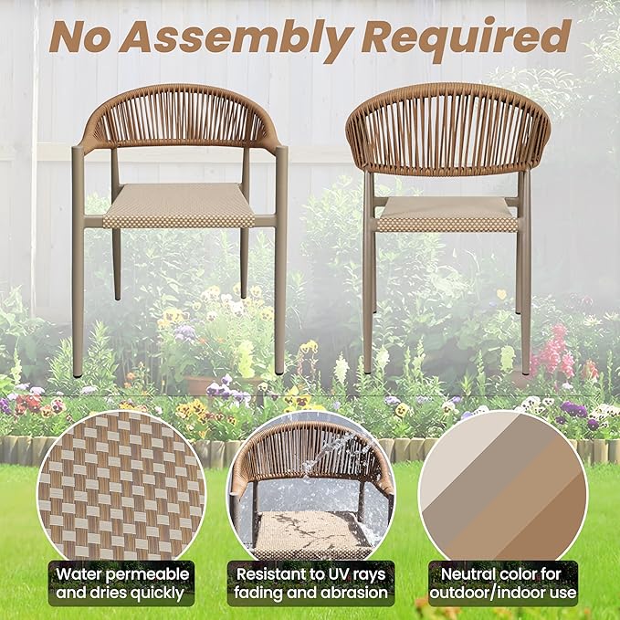 8 Pcs Stackable Patio Dining Chairs, Aluminum Rattan Outdoor Dining Chair with Arms, Woven Rope Garden Armchair Metal No Assembly for Bistro Balcony Porch Deck Yard Cafe Restaurant, Light Brown Erotr