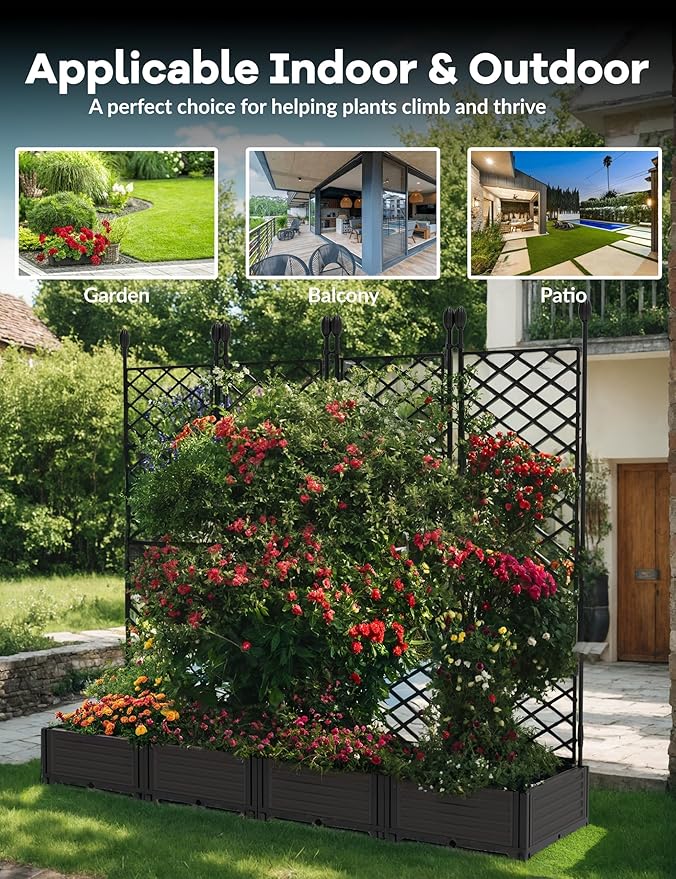 4 PCS Raised Garden Bed with Trellis & Privacy Screen, 66"w x 63"Tall Vertical Garden Planter Box for Climbing Plants - Sturdy Lightweight Outdoor Planter for Vegetables, Flowers on Patio, Balcony Rootora