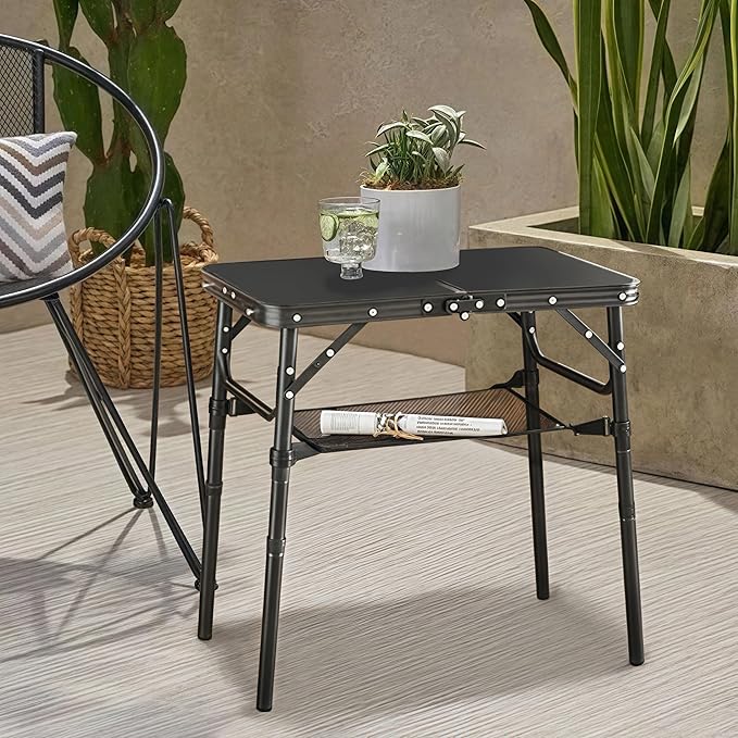 Outdoor Side Table, Portable 3 Adjustable Height Small Outdoor Folding Table, Aluminum Foldable Patio Side Tables for Outside Indoor, Plant Stand Coffee End Table for Pool, Porch,Garden(Black) Yriuat
