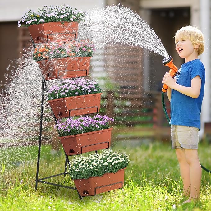 5 Tier Vertical Raised Garden Bed Planter Box, Vertical Raised Bed with Drainage Holes for Indoor Outdoor Herbs Flowers Vegetables Plants, Red Fogein