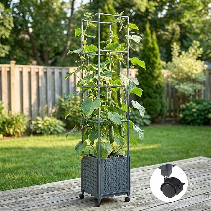 Raised Garden Bed with Tomato Planter Cage, 56.7” Trellis Planter Boxes with Wheels for Outdoor Patio Greenhouse Gardening Climbing Vegetables MakeYourGardenBeautiful