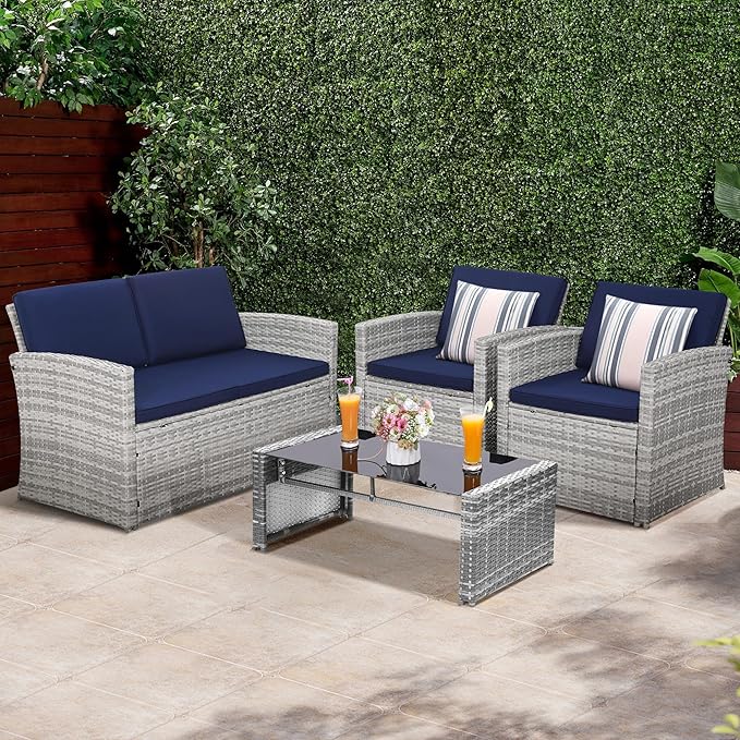 4-Piece Patio Furniture Set, Wicker Outdoor Rattan Sectional Sofa with Cushions and Glass Table, All-Weather Outdoor Conversation Set, Ideal for Garden, Porch, Backyard, Navy KROFEM