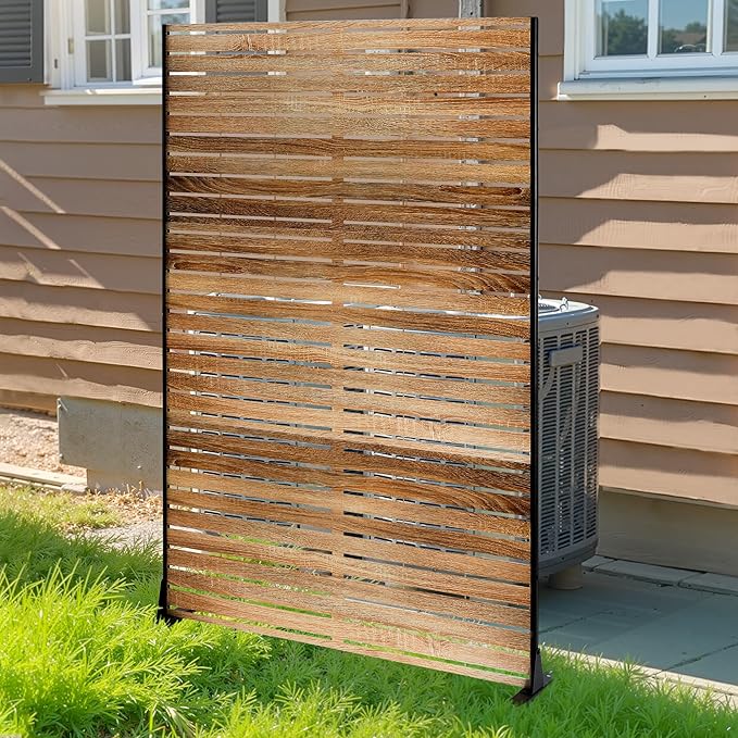 FENCY Metal Privacy Screen 72" H×47" W Natural Wood Color Outdoor Privacy Screen, Freestanding Decorative Privacy Fence Panels for Deck Balcony Patio FENCY