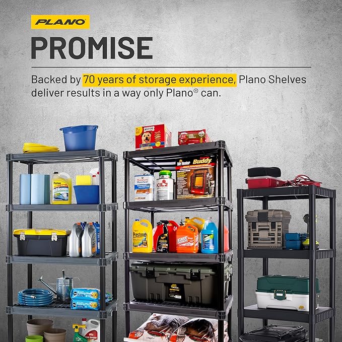 Plano 5-Shelf Extra Heavy Duty Plastic Storage Shelves, 72.5” x 36” x 24”, 1000lb Capacity, Pantry, Office, Closet and Garage Shelves, Easy to Assemble, Durable Plastic Shelving Unit PLANO%C2%AEOutdoors