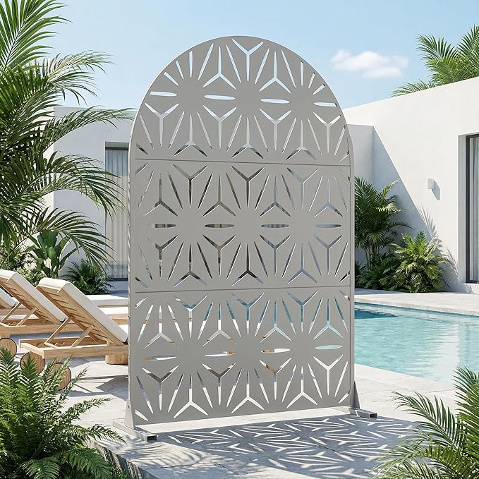 Casaphoria Metal Privacy Screen Outdoor, 72" H x 47" W Arched Freestanding Decorative Privacy Screen for Patio Deck Balcony Garden with Stable Base,Grey-Star Casaphoria