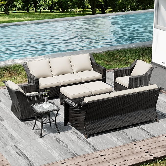 Joyside Wicker Patio Furniture Sets, 7 Pieces Upgraded Large Size Outdoor Furniture with Swivel Rocking Patio Chairs, Two 3-Seat Sofa, Outdoor Ottoman, Thick Cushions, Wide Armrest, Beige Joyside