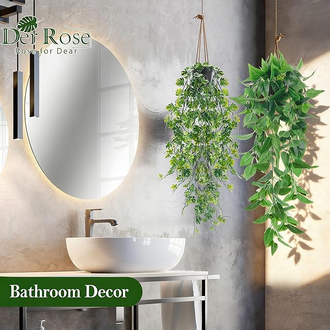 Der Rose 8Pcs Fake Plants Hanging Artificial Ivy Vine Faux Eucalyptus Hanging Plants for Home Boho Wall Shelf Indoor Outdoor Decor (Black Pots) DerRose