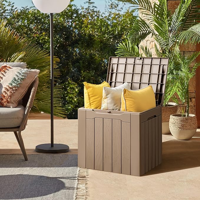 Flamaker Deck Box 31 Gallon Waterproof Resin Small Deck Box with Lid, Indoor Outdoor Package Delivery Box, Organization and Storage for Patio Furniture, Garden Tools, Outdoor Cushions (Light brown) Flamaker
