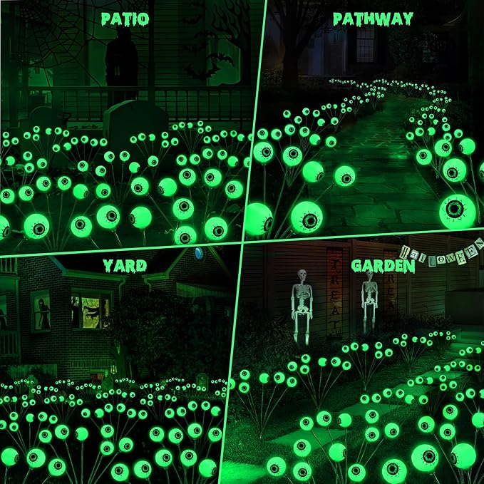 BrizLabs 4 Pack 24 LED Halloween Solar Lights, 2 Modes Outdoor Halloween Eyeball Pathway Lights, Solar Spooky Walkway Light Waterproof, Green Swaying Firefly Lighting for Path Yard Garden Lawn BrizLabs