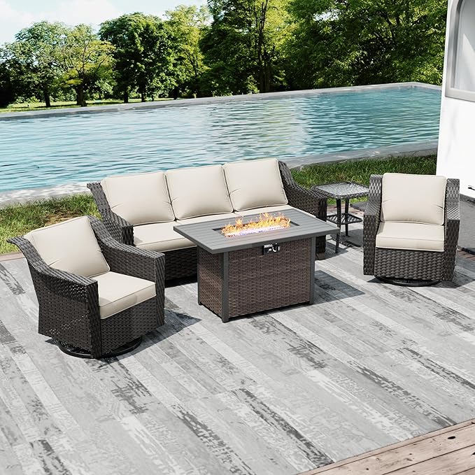 Joyside Wicker Patio Furniture Sets, 5 Pieces Upgraded Large Size Outdoor Furniture with Swivel Rocking Patio Chairs, 3-Seat Sofa, Fire Table, Coffee Table, Thick Cushions, Wide Armrest, Beige Joyside