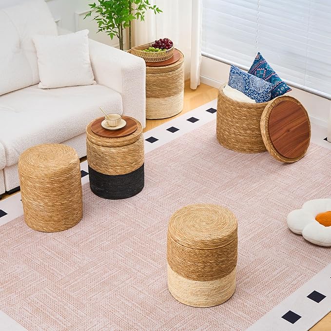 Wimarsbon Round Pouf Ottomans, Handwoven Natural Water Hyacinth Seagrass Pouffe,Outdoor Rattan Stool Accent Seat, Bohemian Coastal Home Decor (Storage -14inch Natural Cattail & Black Corn Shell) Wimarsbon