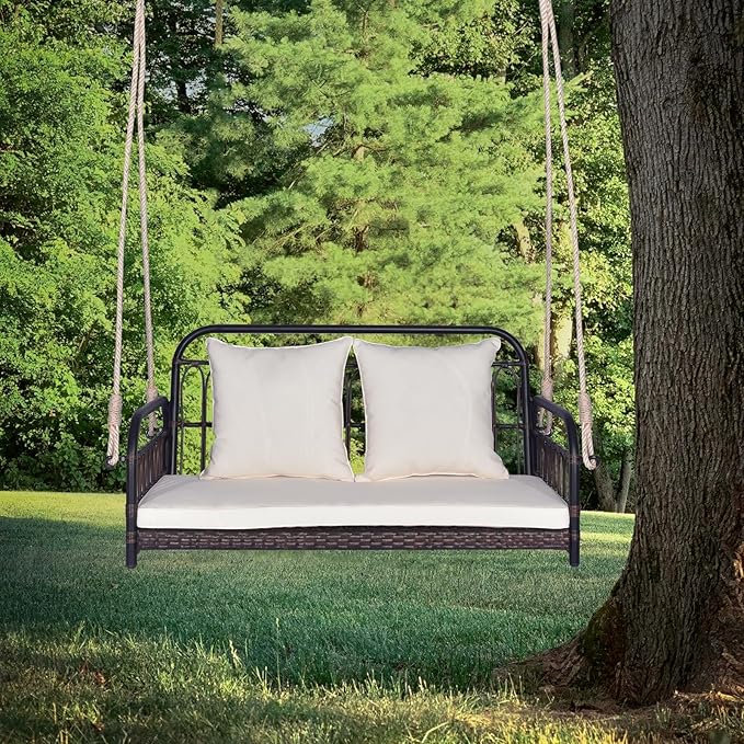Tangkula Outdoor Wicker Porch Swing, 2-Person Hanging Seat with Seat & Back Cushions, Heavy-Duty Metal Frame & 2 Sturdy Hanging Ropes, Wicker Woven Swing Loveseat for Front Porch, Backyard (Off White) TANGKULA