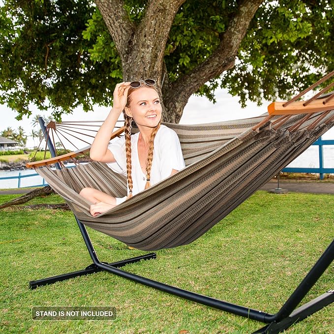 SUNCREAT Hammocks Double Hammock with Curved Spreader Bar, Outdoor Camping Portable Hammock with Carrying Bag & Tree Straps for Patio, Backyard, Balcony, Max 450lbs Capacity, Brown SUNCREAT