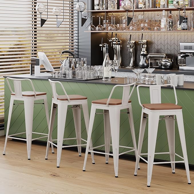 Yongchuang 30 inch Bar Stools Set of 2 Kitchen Bar Height Chairs with Wood Seat Industrial Low Back Metal Barstools Cream White YongchuangInternational
