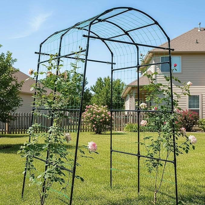 Garden Trellis Arch 7FT PP-Coated Stainless Steel Metal Extra Tall Cucumber Trellis Arch Garden Arch Trellis for Climbing Plants Outdoor Vegetable Trellis with Trellis Netting GardenArchTrellisforPlants