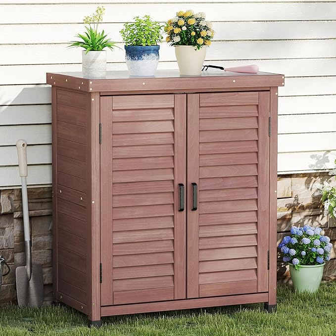 Outdoor Storage Cabinet & Potting Bench Table with Metal Top, Wooden Patio Furniture, Garden Workstation (Dark Brown, 36x31x17in) OutdoorFurniture
