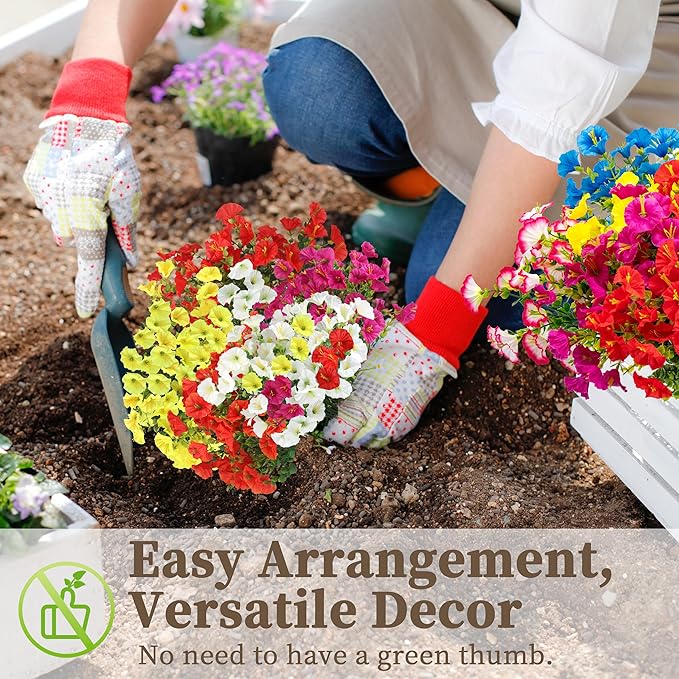 16PCS Artificial Fake Flowers for Outdoors/Indoors, Faux Silk Colorful Morning Glory with Eucalyptus, UV Resistant Realistic Floral Arrangement for Garden Porch Window Box Home Balcony Yard (8 Colors) ColoPlay