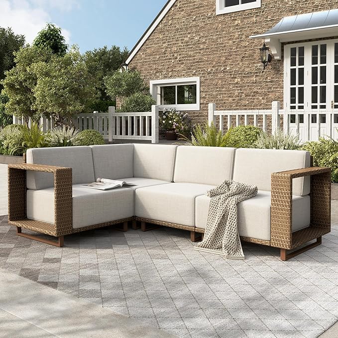 HERA'S HOUSE Patio Furniture Set, 4 Pieces Sectional Outdoor Rattan Wicker Sofa, All Weather Patio Conversation Set with 10" Ultra Thick Comfy Sponge Cushion,5.3" Widened Armrest,Patio Couch HERASHOUSE