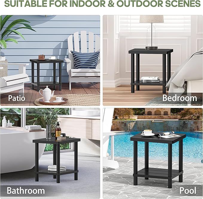 Outdoor Side Table, 2-Tier Small Outdoor Table for Patio, Adirondack Side Tables for Outside or Indoor, Bamboo End Table for Pool, Porch, Weather Resistant Easy Maintenance-Black LEJANEOYE