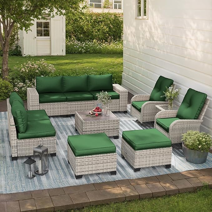 11-Piece Outdoor Patio Furniture Set with Rocking Swivel Chair Wicker Sectional Sofa Set, Patio Conversation Set with Ottomans & Coffee Table for Garden, Backyard, Poolside, Green MuphyersPatioFurniture
