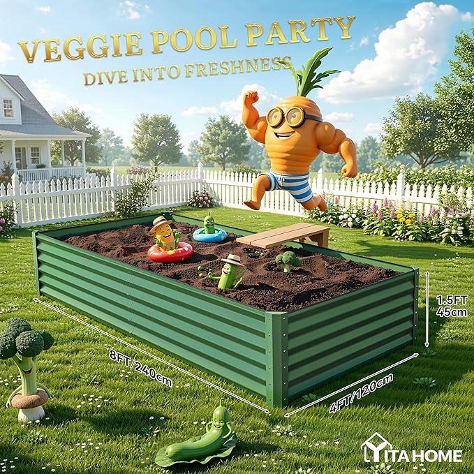 YITAHOME 8x4x1.5ft 2pcs Large Raised Garden Bed Kit, Galvanized Metal Planter Box with Gloves, Ground Nails & Safety Rubber, Outdoor Above Ground Planters for Plants Vegetables Flowers, Green YITAHOME
