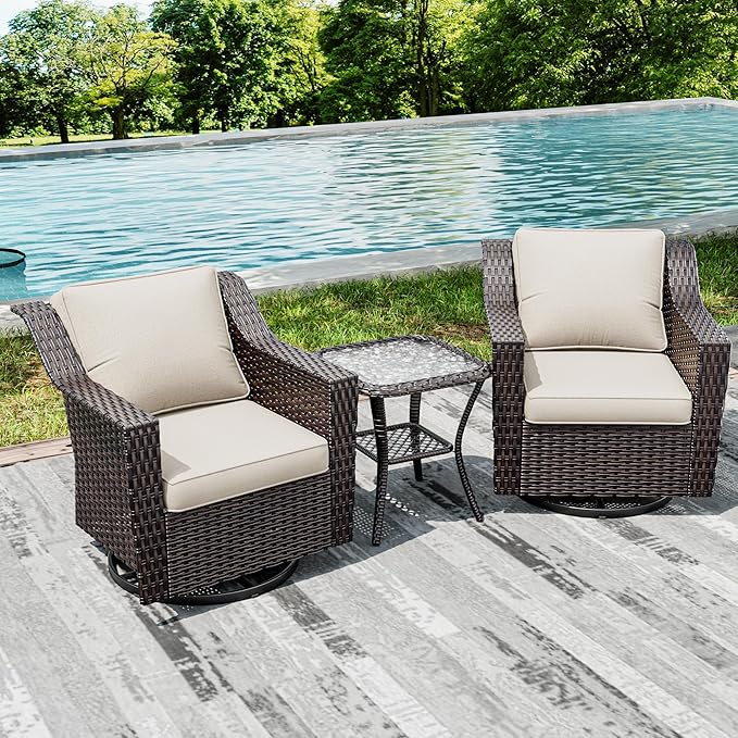 Joyside Wicker Patio Furniture Sets, 3 Pieces Upgraded Large Size Outdoor Furniture with 2 Patio Swivel Chairs and 1 Side Table, Thick Cushions, Wide Armrest Joyside