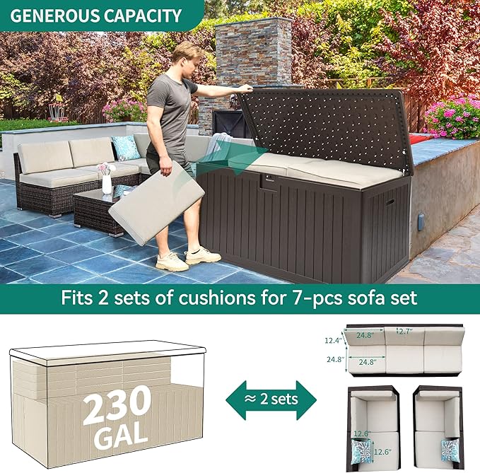 YITAHOME XXL 230 Gallon Large Deck Box,Outdoor Storage for Patio Furniture Cushions,Garden Tools with Flexible Divider,Waterproof,Lockable (Brown) YITAHOME