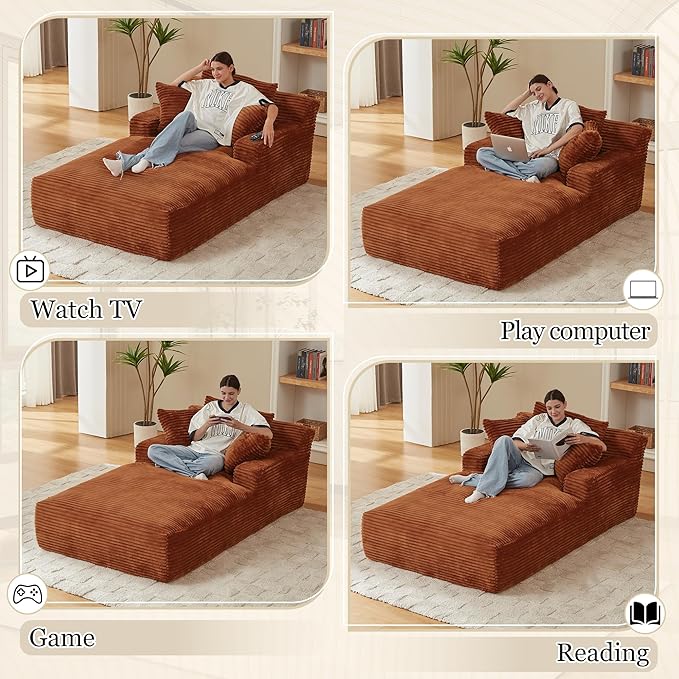80 Inch Chaise Lounge Chair Indoor, Oversized Corduroy Upholstered Boneless Sofa Bed, Deep Seat Sleeper Couch Reading Chairs, Cloud Sofas Couches for Living Room, No Assembly Required (Brown) HANXIN