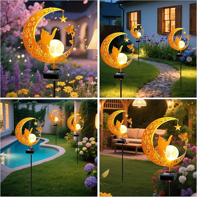 YJFWAL Garden Solar Cat Lights Pathway Stake Lights Glass Globe with Moon Cat Decor, Christmas Gift for Mom Grandma Friends, Outdoor Decor Light Waterproof for Walkway, Patio or Garden (Warm White) YJFWAL