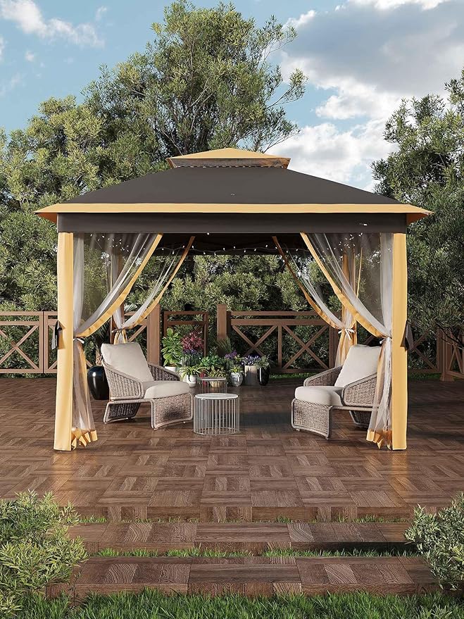 Garveelife 11x11 Pop Up Gazebo Tent with Mosquito Netting, Outdoor Canopy Shelter Easy Setup, Water & UV Resistant - Khaki GarveeLife