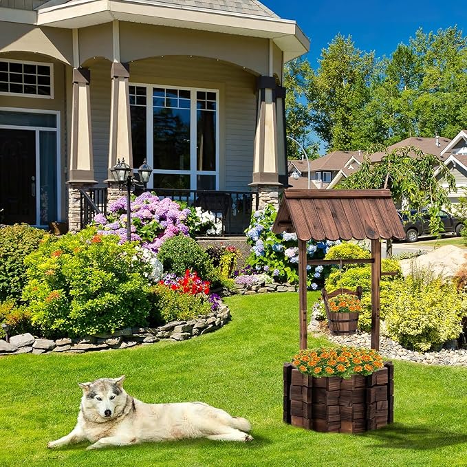UDPATIO Rustic Solid Fir Wood Wishing Well Planter for Outdoor Plants, 16.5 in Diameter UDPATIO