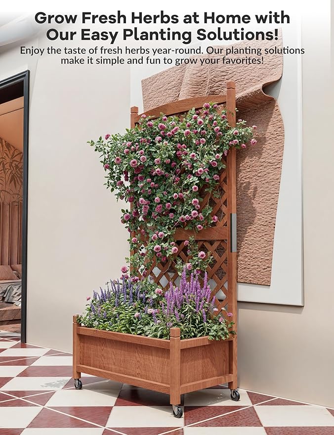 GarveeLife 2-Pack Tall Wood Planter Box with Trellis, 61.5" H Raised Garden Bed on Wheels, Vertical Stand Planter with Drainage Holes for Patio, Balcony & Outdoor Garden GarveeLife
