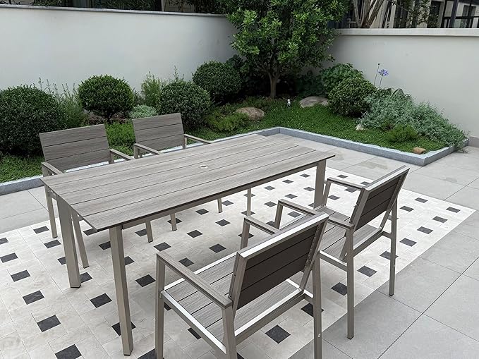 Aluminum Outdoor Dining Set for 6, Patio Table and Chairs Set with Umbrella Hole, 7 Pieces HDPS Outdoor Furniture Sets for Patio, Garden (Gray & Teak) Oasbira