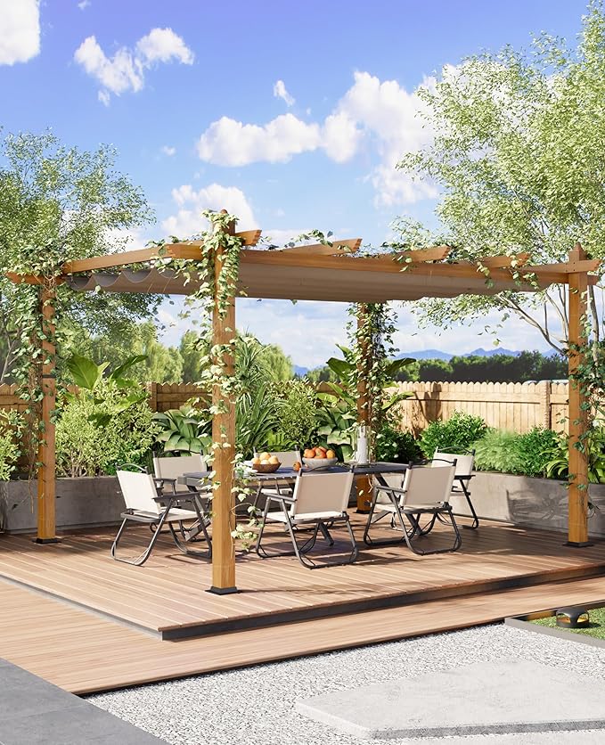 10 x 13 ft Aluminum Pergola with Adjustable Canopy, Outdoor Metal Pergola, Imitation Wood-Grain Sun Shade Shelter for Garden Patio Backyard Deck BouPower
