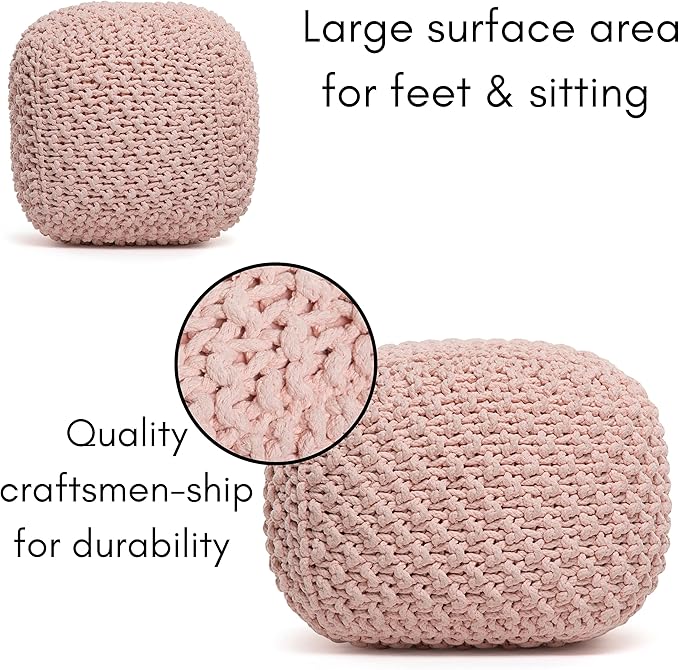 BIRDROCK HOME Square Pouf Ottoman | Cotton Braided Foot Stool with Bean Bag Filling | Boho Foot Rest for Living Room, Bedroom | Compact & Comfortable Seating, Lightweight & Sturdy | Dusty Rose BIRDROCKHOME