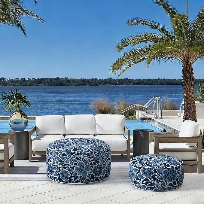 LVTXIII Indoor/Outdoor Inflatable Ottoman with Handle D21 x H9 Inch, Weather-Resistant Round Footstool Pouf for Patio Camping Living Room, Portable Footrest Extra Seating, Flower Navy LVTXIII