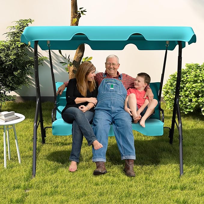 Tangkula 3 Person Porch Swing, Patio with Removable Cushion & Powder-Coated Steel Frame, Outdoor Swing with Canopy for Porch, Backyard, Garden, Balcony (Turquoise) TANGKULA