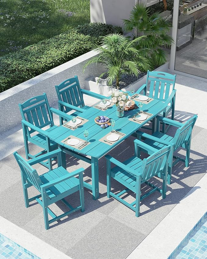 Ciokea HDPE Outdoor Dining Table with Umbrella Hole,66" Rectangle Patio Table for 6,All-Weather Outdoor Patio Furniture Set for Garden Backyard, Lake Blue CIOKEA
