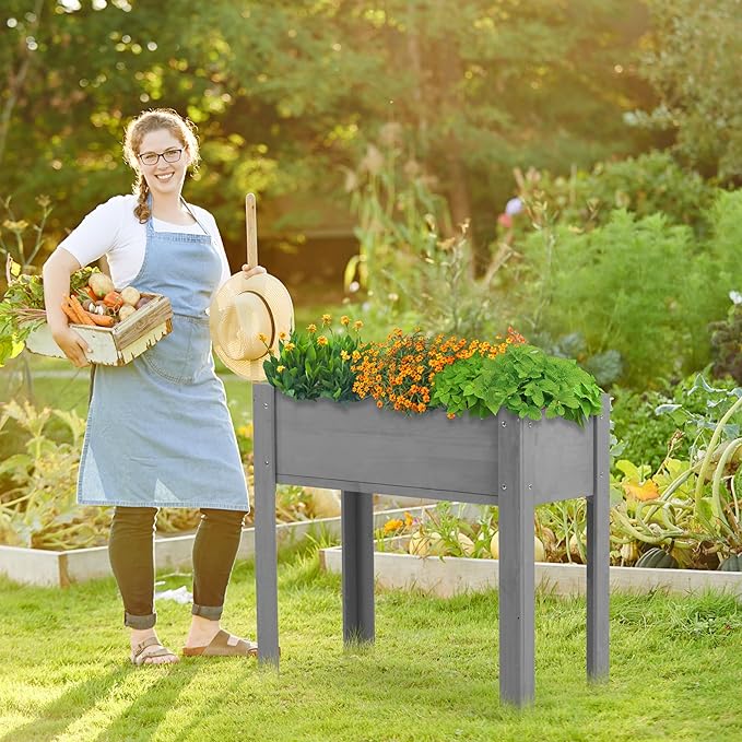 Raised Garden Bed with Legs, 31x16x31'', Outdoor Wood Elevated Planter Box, Grey Cedar, Thick Legs, w/Liner OutdoorFurniture