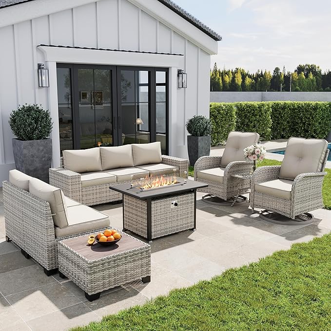 10-Piece Outdoor Patio Furniture Set with Rocking Swivel Chair, PE Wicker Rattan Sectional Sofa Patio Conversation Set with 55,000 BTU Fire Pit Table & Coffee Table, White MuphyersPatioFurniture