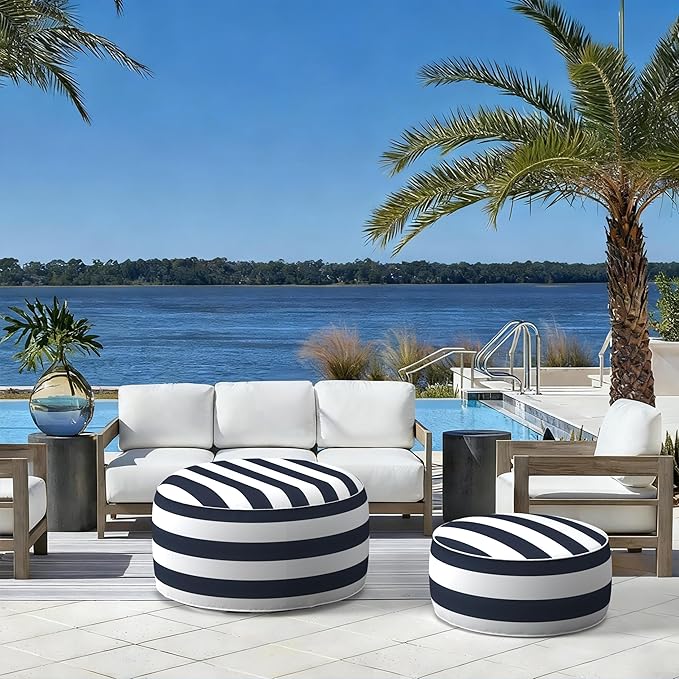 LVTXIII Indoor/Outdoor Inflatable Ottoman with Handle D21 x H9 Inch, Weather-Resistant Round Footstool Pouf for Patio Camping Living Room, Portable Footrest Extra Seating, Cabana Navy LVTXIII