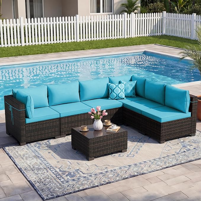 LEVELEVE 7 Pieces Outdoor Patio Furniture Sets,Rattan Conversation Sectional Set,Manual Weaving Wicker Patio Sofa with Tea Table Enjoyyourlife