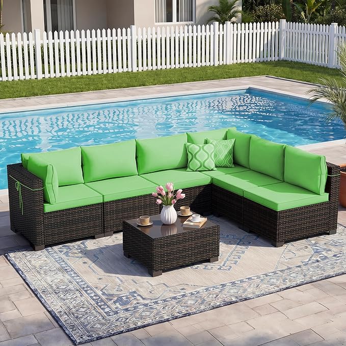 LEVELEVE 7 Pieces Outdoor Patio Furniture Sets,Rattan Conversation Sectional Set,Manual Weaving Wicker Patio Sofa with Tea Table Enjoyyourlife