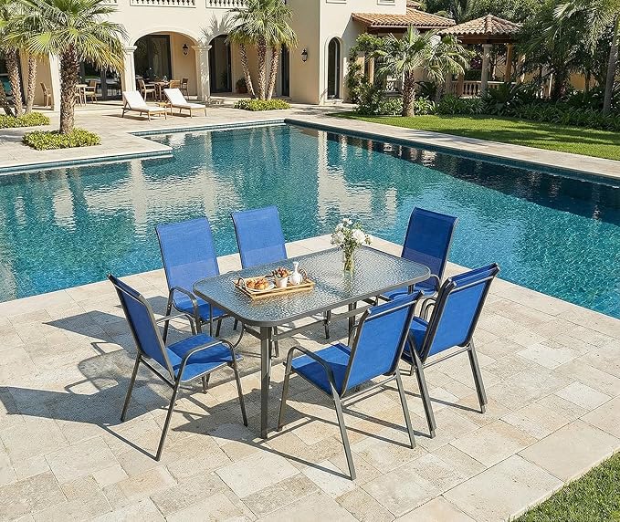MAMIZO Patio Dining Chairs, Stackable All Weather Teslin Chair, Heavy Duty Outdoor Breathable Chairs Set, w/Armrests, Upgraded Chair FeetW/Strenthened Iron Spacers, 330 LBS (6, Navy Blue) MAMIZO