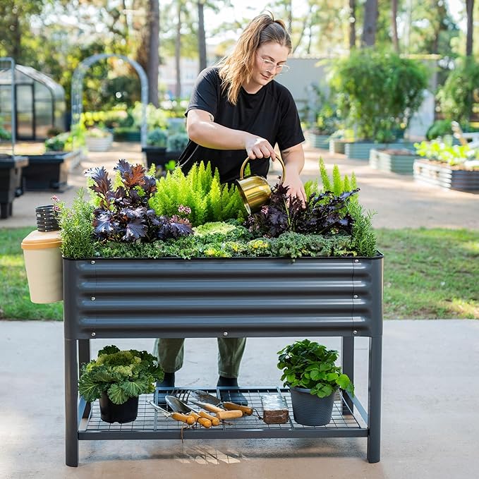 Elevated Raised Garden Bed-V Series, 2' x 4' Garden Beds with Legs & Storage Rack for Patio Porch, 700 Lbs Weight Capacity, Outdoor Planter Boxes for Gardening Herbs Vegetables Flowers, Modern Gray VegoGarden