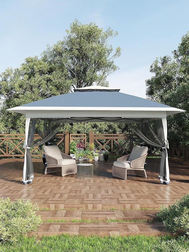 13 X 13FT Pop Up Gazebo, Canopy Tent, Gazebos on Clearance,Patio Folding Canopy with Mosquito Netting - Backyard Tent for Party, Wedding, Outdoor Dining, Patio, Backyard(Navy Blue+Hemp Grey) Hipicute