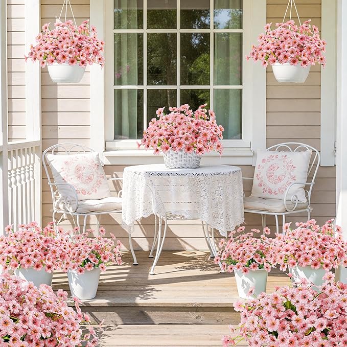 MACTING 24 Bundles Artificial Flowers for Outdoors Fake Flowers UV Resistant Faux Plastic Plants No Fade for Planters Window Box Patio Porch Garden Home Indoor Outdoor Spring Decorations,Pink MACTING