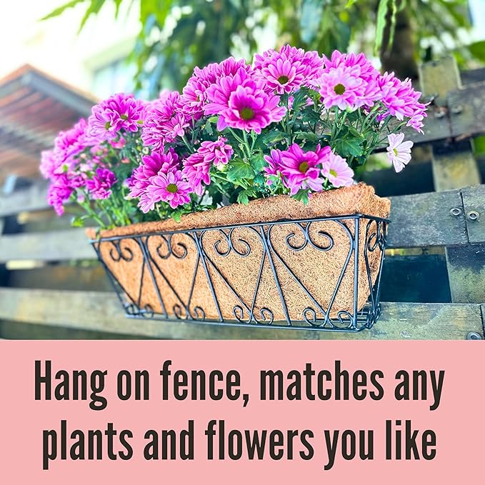 LaLaGreen Wal Planters - 4 Pack, 16 Inch Deck Railing Hanging Basket, Window Flower Boxes Outdoor Black Metal Plant Pot Holder Coco Liner Fence Planter Balcony Garden Patio Porch Farmhouse Boho Decor L%C3%A1L%C3%A1Green